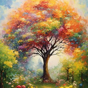 Ilustración de un árbol con muchos colores en la copa y flores en el pasto. Es una pintura hecha de acuarela.