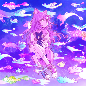 Una chica de estilo anime con varias criaturas alrededor. La chica está sujetando un gato negro, y está flotando en un entorno abstracto. Las criaturas alrededor son criaturas fantásticas inventadas, como nutrias con alas o peces de colores. Predominan colores en tonos rosados y violetas.