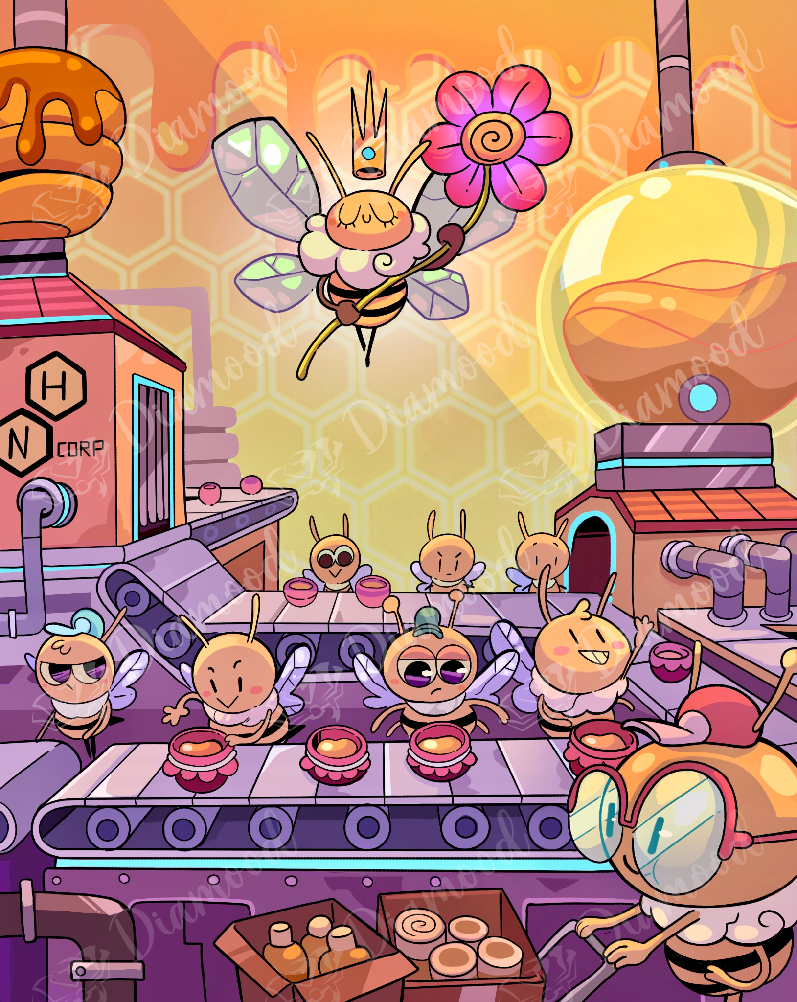 Ilustración de un panal con unas abejas dentro. Es una fábrica de miel con maquinaria. Hay una gran abeja reina arriba sujetando una flor.